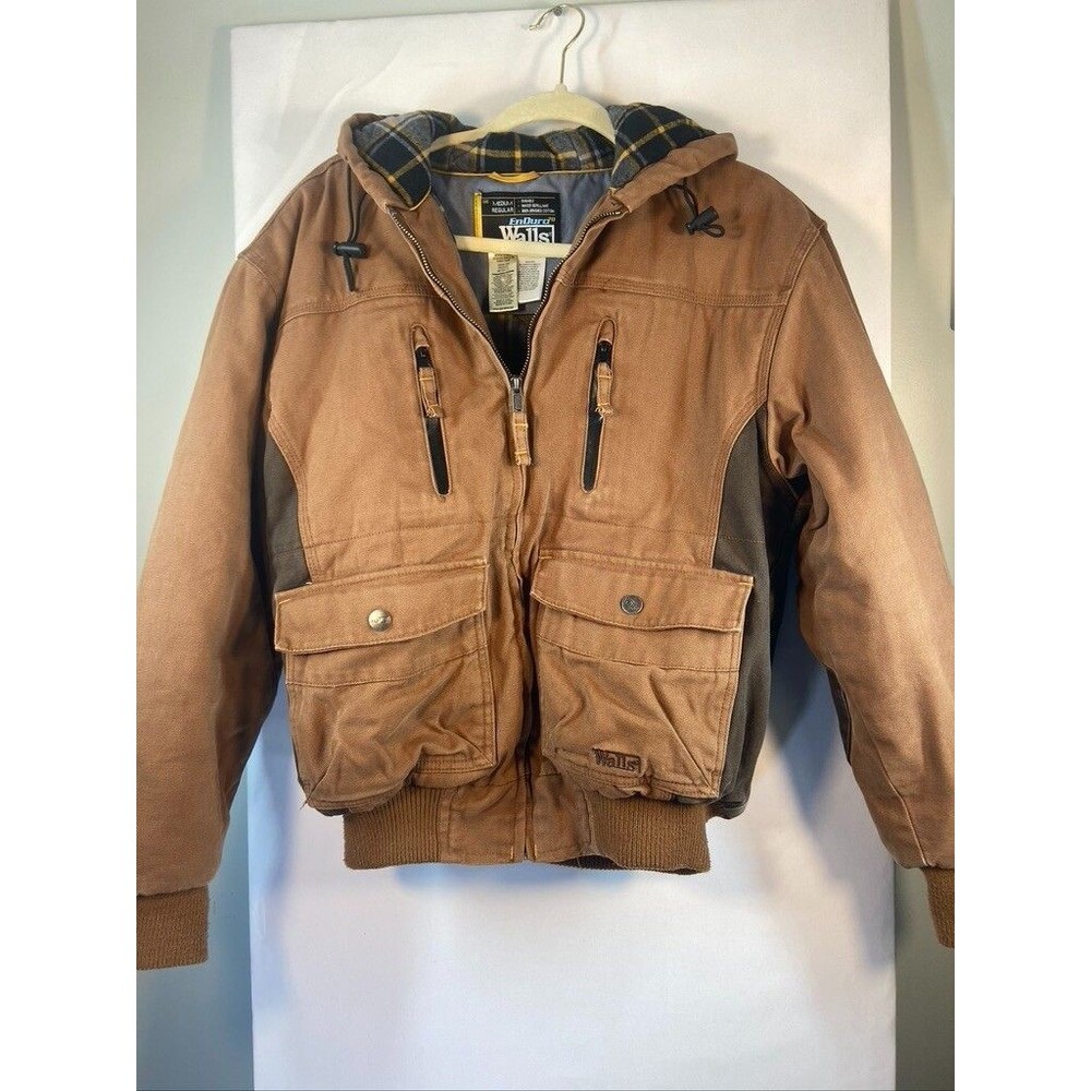 WALLS BOYS SZ MED CANVAS TWO TONE BROWN FULL ZIP QUILTED BLANKET LINING JACKET